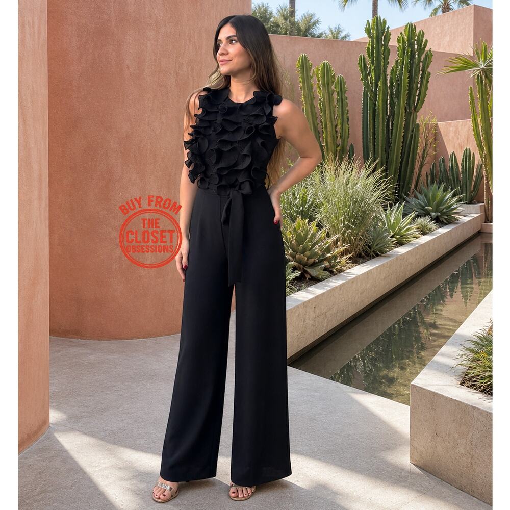 Zara Black Ruffle Wide Leg Jumpsuit Belted Sleeveless Elegant Evening Size M NWT - Picture 2 of 16